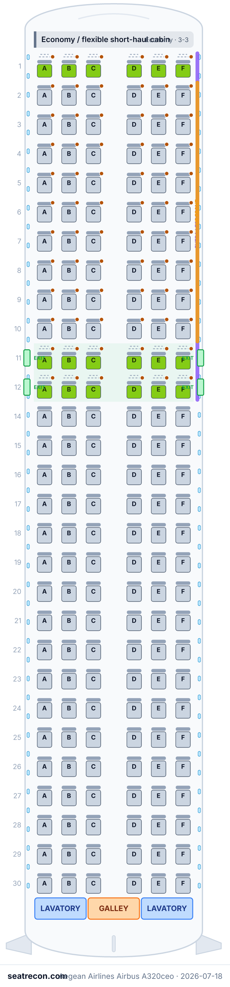 Aegean Airlines Airbus A320ceo seat map diagram — Economy / flexible short-haul cabin (174 seats)