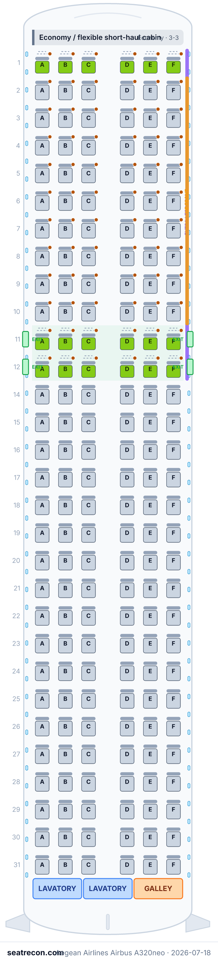 Aegean Airlines Airbus A320neo seat map diagram — Economy / flexible short-haul cabin (180 seats)