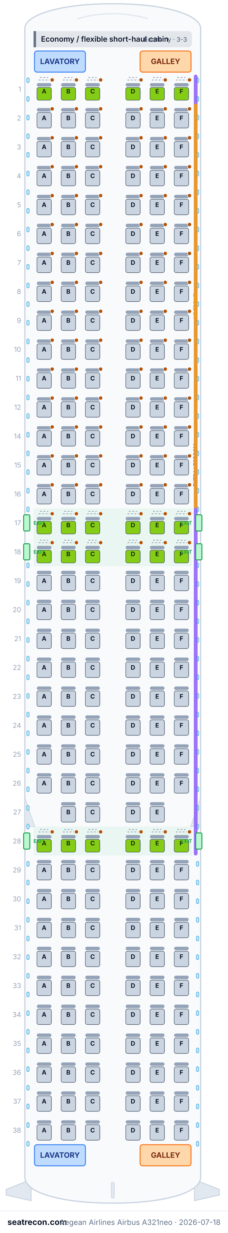 Aegean Airlines Airbus A321neo seat map diagram — Economy / flexible short-haul cabin (220 seats)