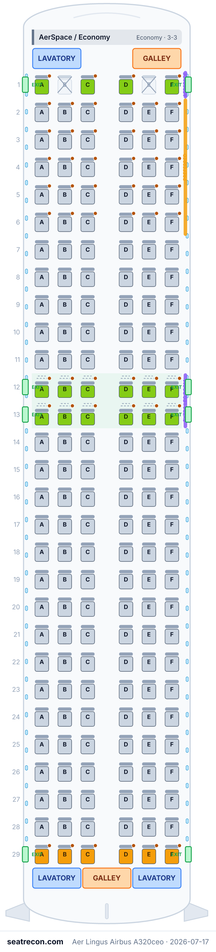 Aer Lingus Airbus A320ceo seat map diagram — AerSpace / Economy (174 seats)