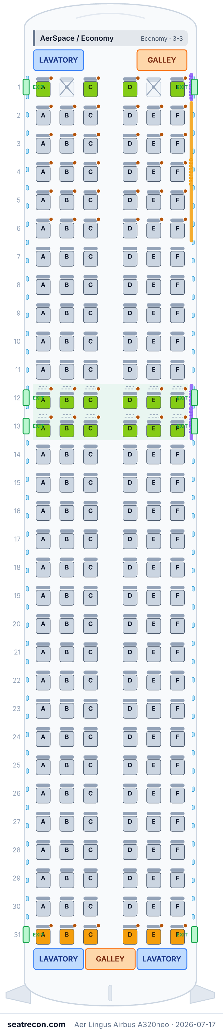 Aer Lingus Airbus A320neo seat map diagram — AerSpace / Economy (186 seats)