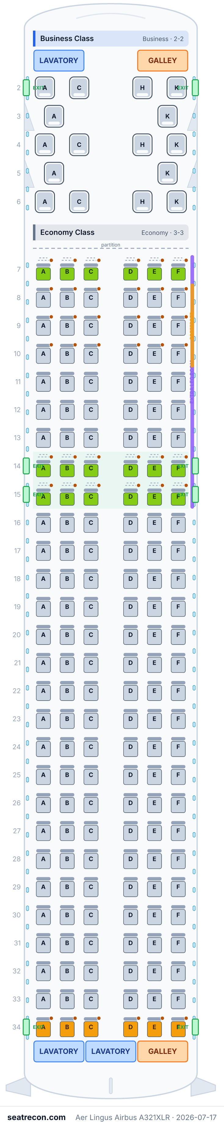 Aer Lingus Airbus A321XLR seat map diagram — Business Class, Economy Class (184 seats)