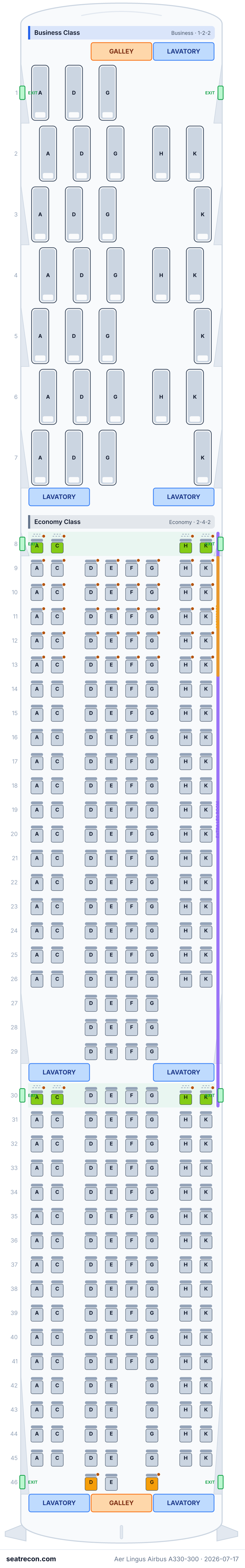 Aer Lingus Airbus A330-300 seat map diagram — Business Class, Economy Class (317 seats)