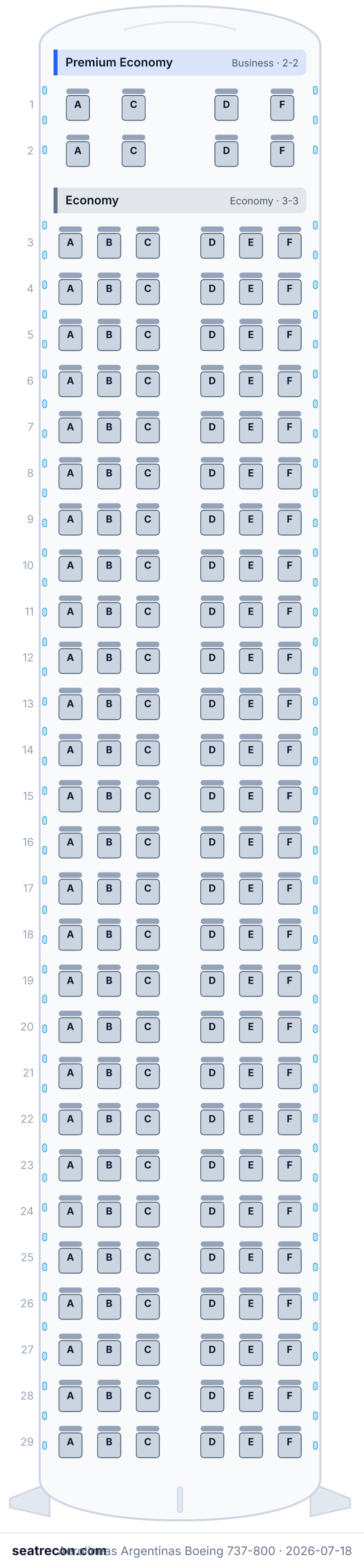 Aerolíneas Argentinas Boeing 737-800 seat map diagram — Premium Economy, Economy (170 seats)