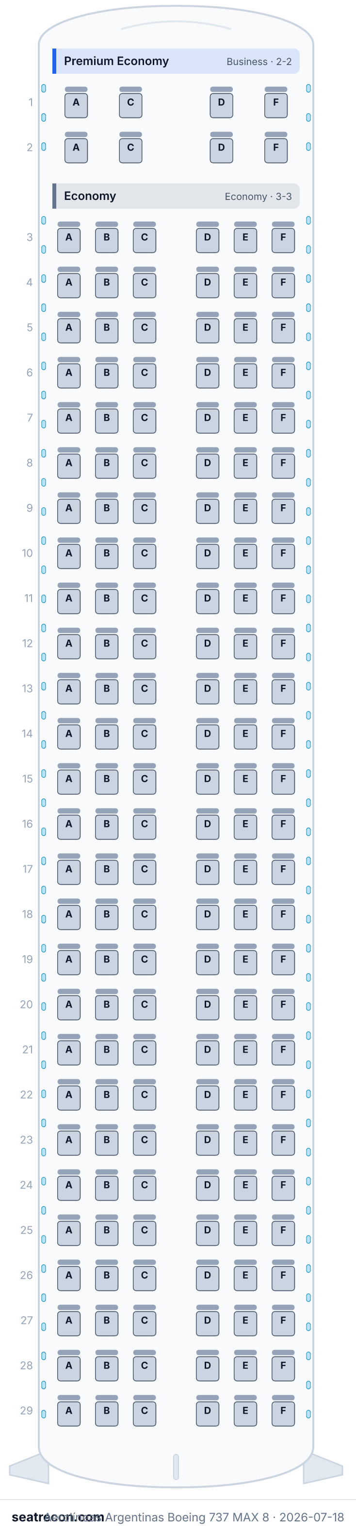 Aerolíneas Argentinas Boeing 737 MAX 8 seat map diagram — Premium Economy, Economy (170 seats)