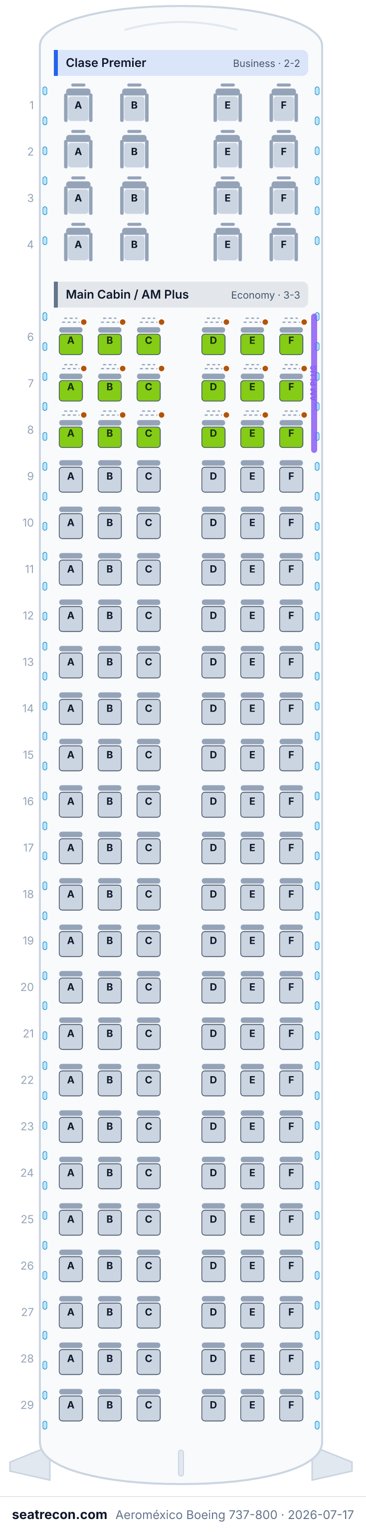 Aeroméxico Boeing 737-800 seat map diagram — Clase Premier, Main Cabin / AM Plus (160 seats)