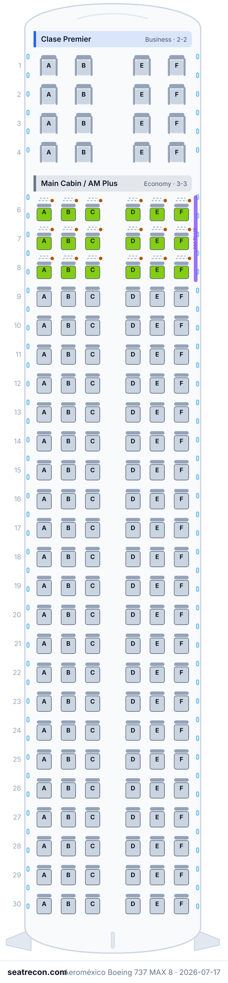 Aeroméxico Boeing 737 MAX 8 seat map diagram — Clase Premier, Main Cabin / AM Plus (166 seats)