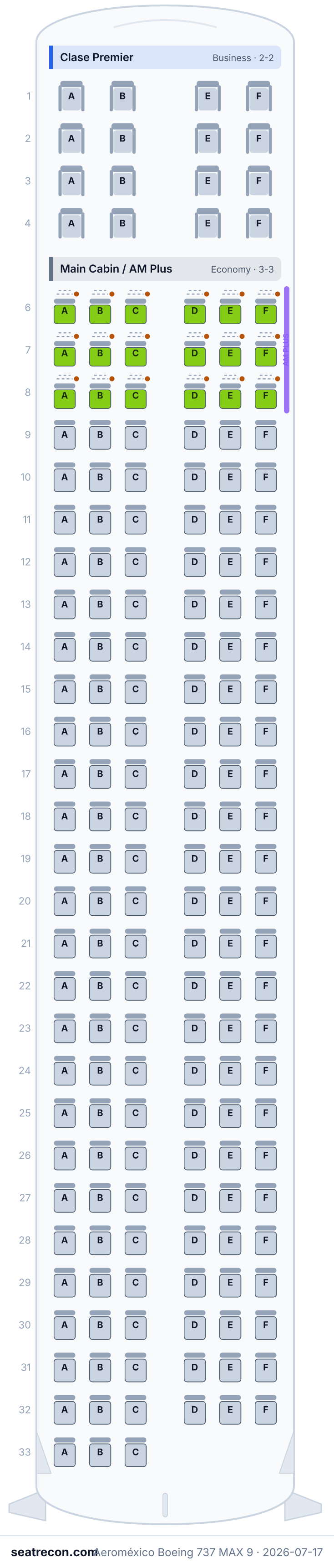 Aeroméxico Boeing 737 MAX 9 seat map diagram — Clase Premier, Main Cabin / AM Plus (181 seats)