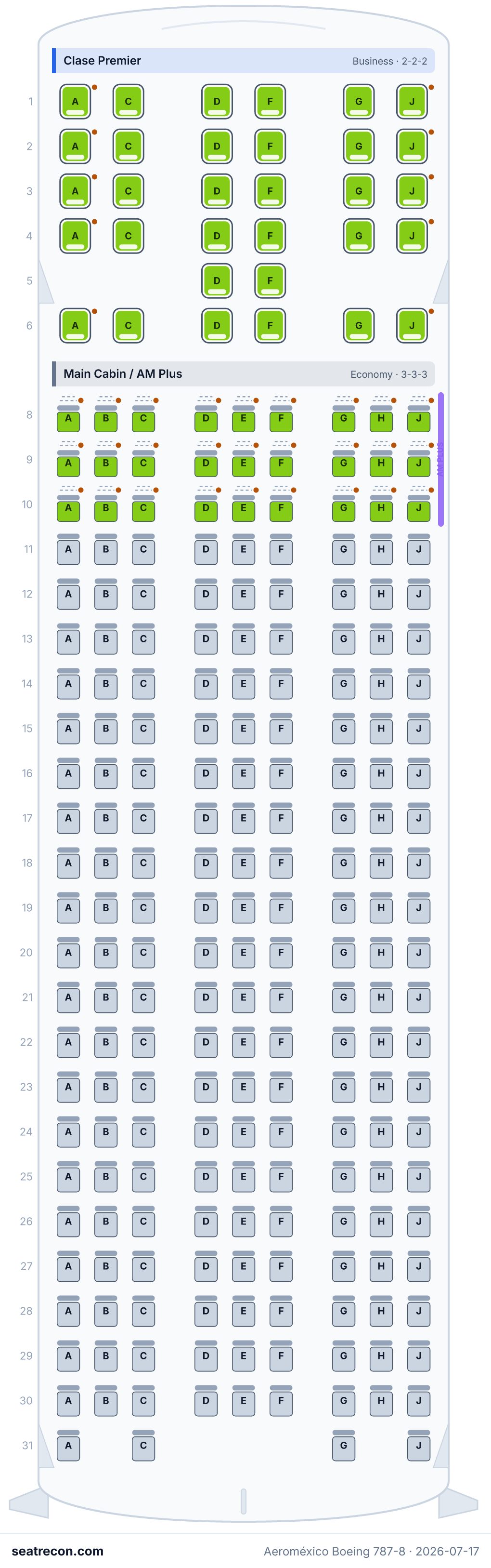 Aeroméxico Boeing 787-8 seat map diagram — Clase Premier, Main Cabin / AM Plus (243 seats)