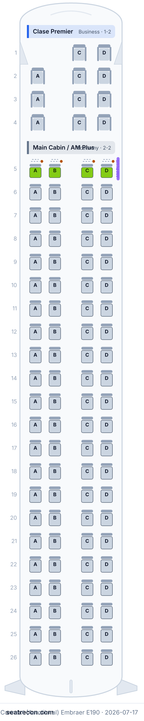 Aeroméxico Connect (Aerolitoral) Embraer E190 seat map diagram — Clase Premier, Main Cabin / AM Plus (99 seats)