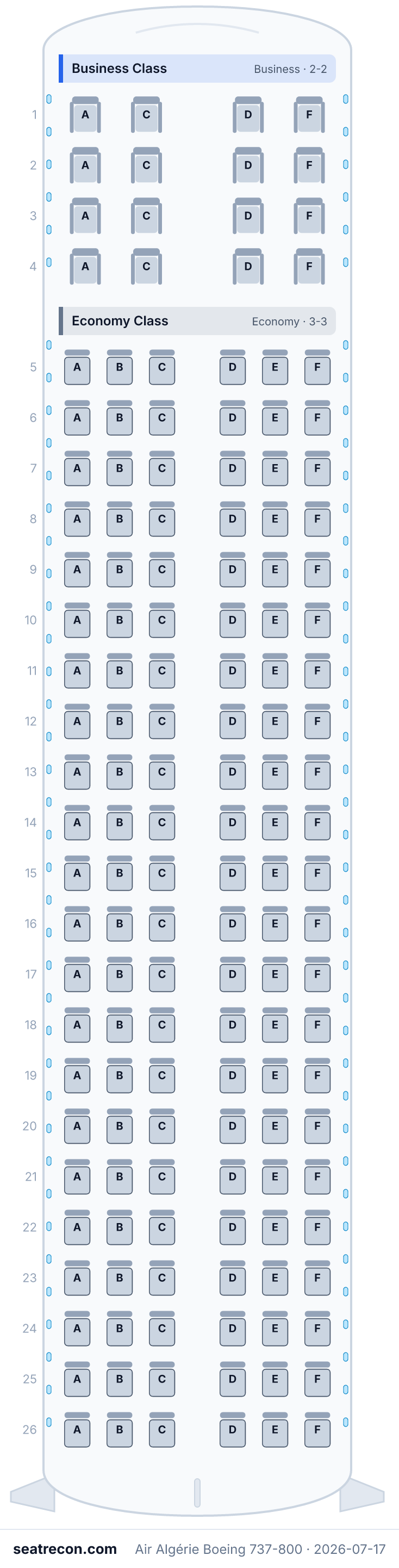 Air Algérie Boeing 737-800 seat map diagram — Business Class, Economy Class (148 seats)