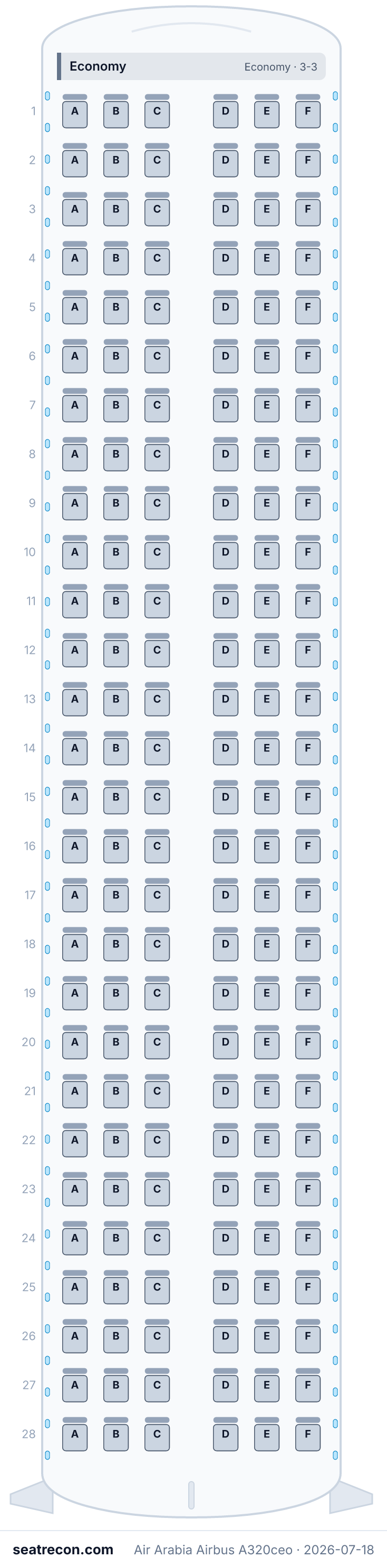 Air Arabia Airbus A320ceo seat map diagram — Economy (168 seats)