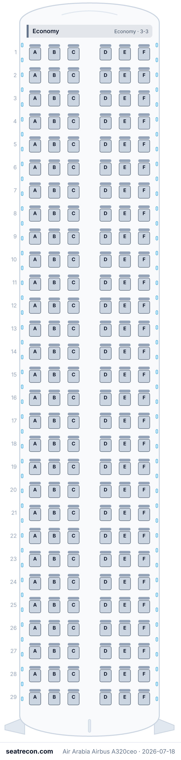 Air Arabia Airbus A320ceo seat map diagram — Economy (174 seats)
