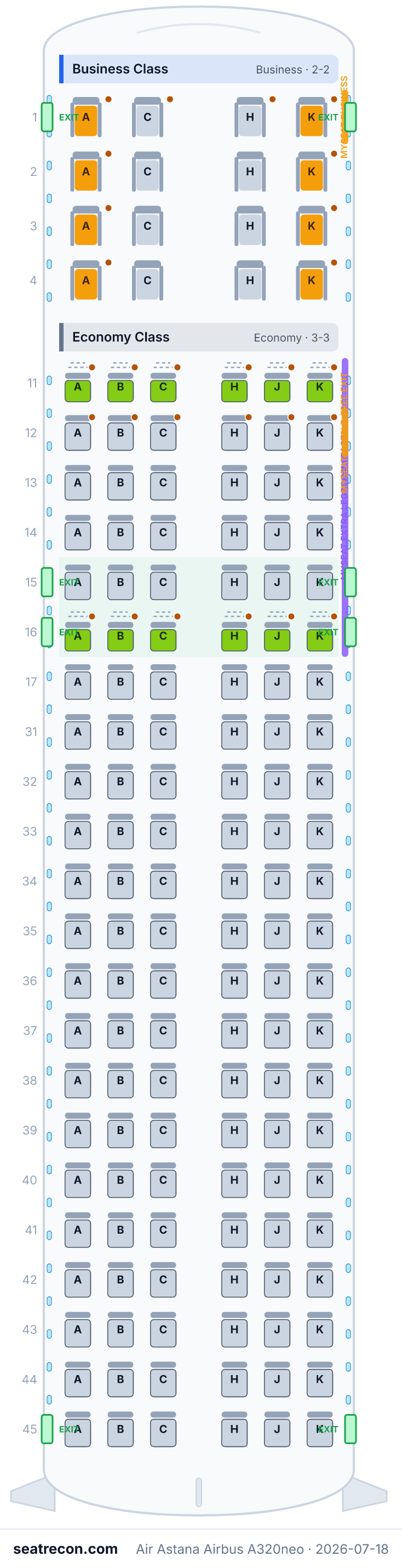 Air Astana Airbus A320neo seat map diagram — Business Class, Economy Class (148 seats)