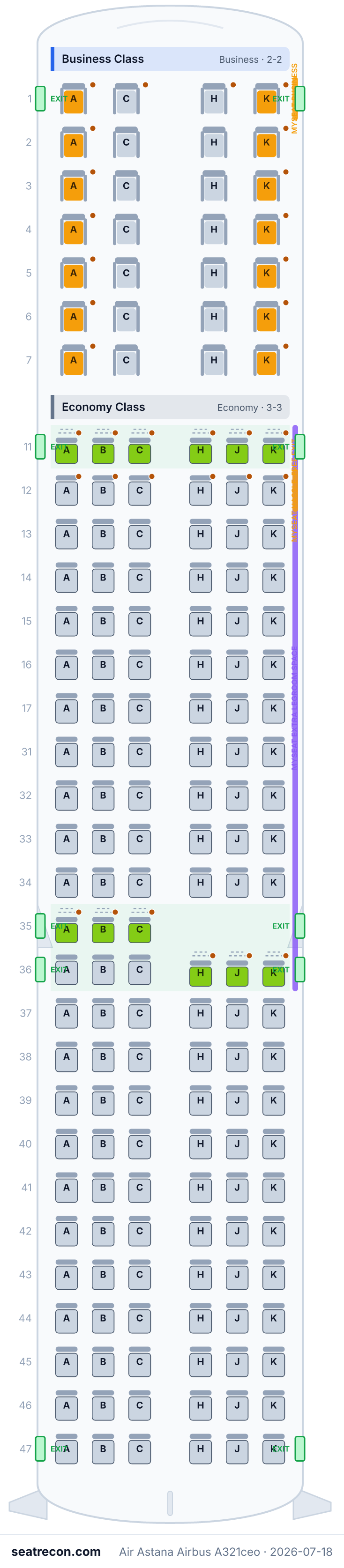 Air Astana Airbus A321ceo seat map diagram — Business Class, Economy Class (169 seats)