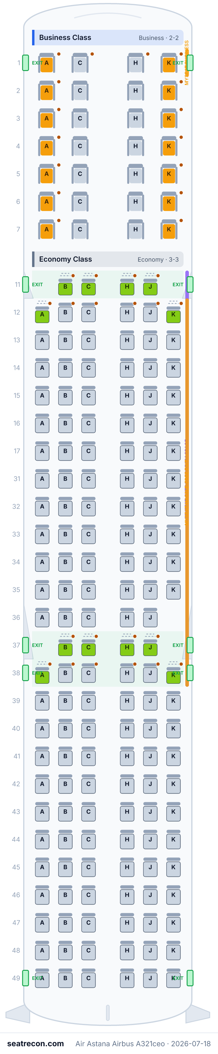 Air Astana Airbus A321ceo seat map diagram — Business Class, Economy Class (179 seats)