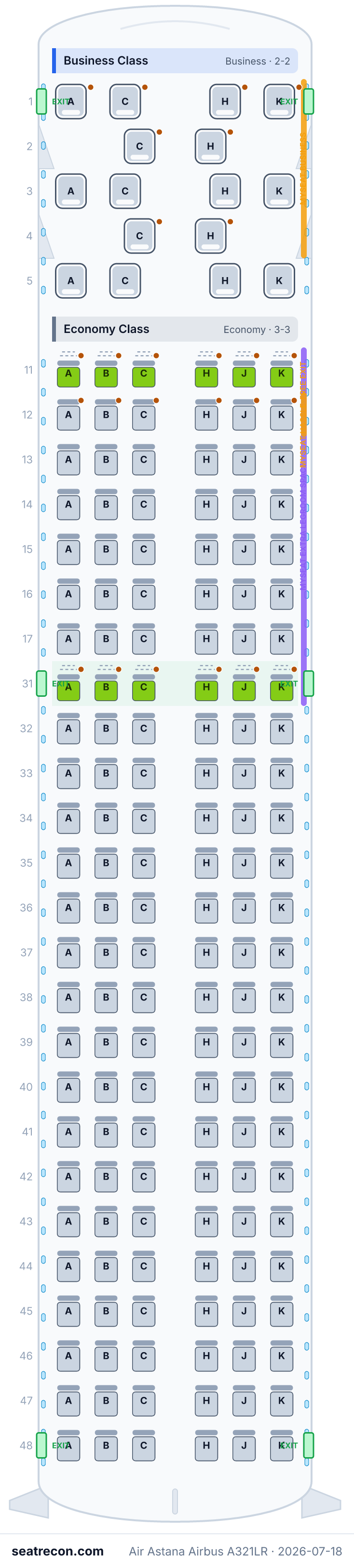 Air Astana Airbus A321LR seat map diagram — Business Class, Economy Class (166 seats)