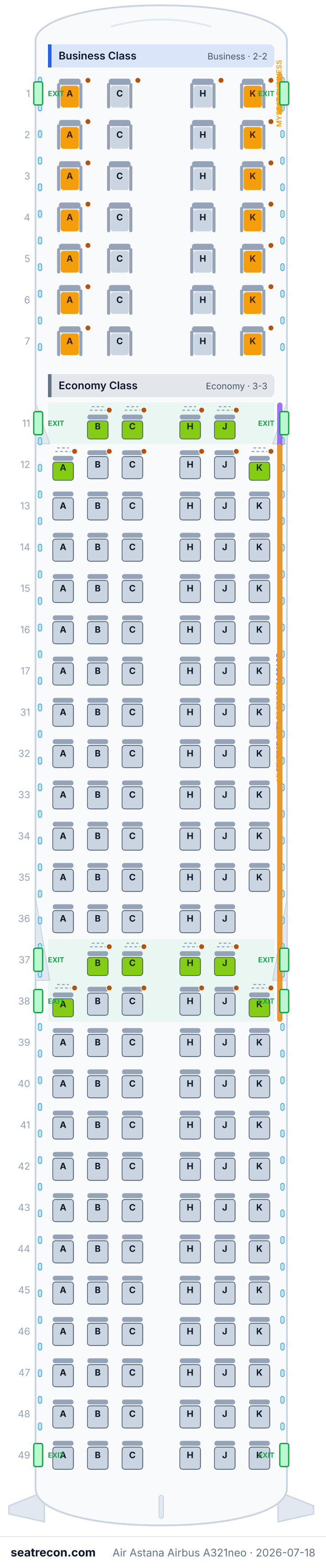 Air Astana Airbus A321neo seat map diagram — Business Class, Economy Class (179 seats)