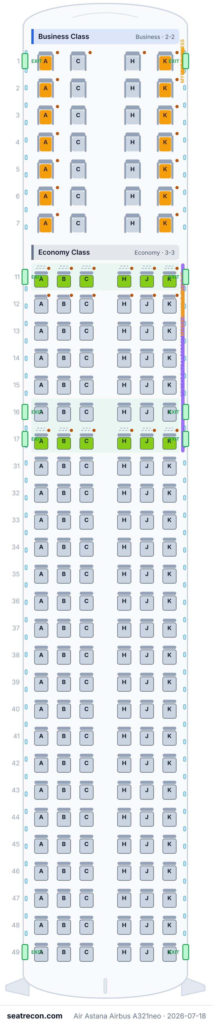 Air Astana Airbus A321neo seat map diagram — Business Class, Economy Class (184 seats)