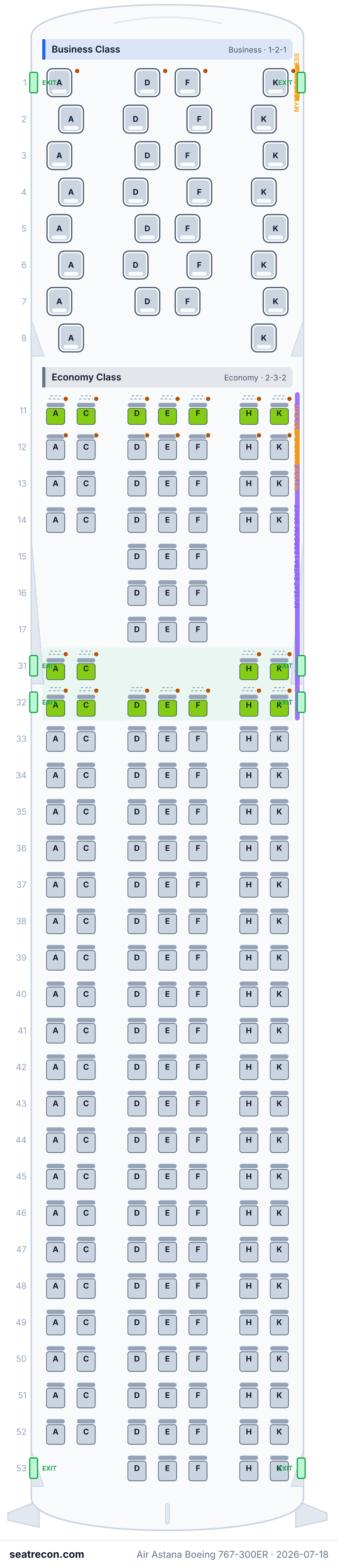 Air Astana Boeing 767-300ER seat map diagram — Business Class, Economy Class (223 seats)