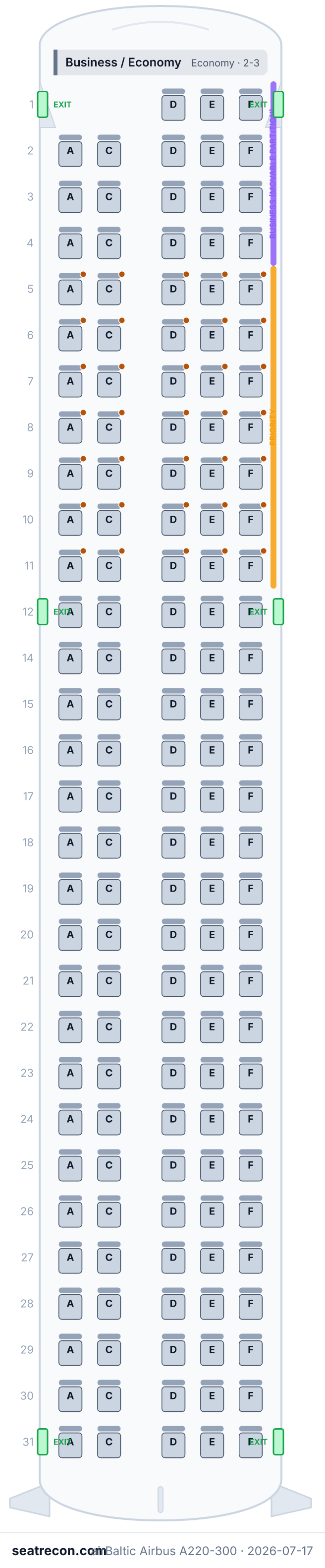 airBaltic Airbus A220-300 seat map diagram — Business / Economy (148 seats)