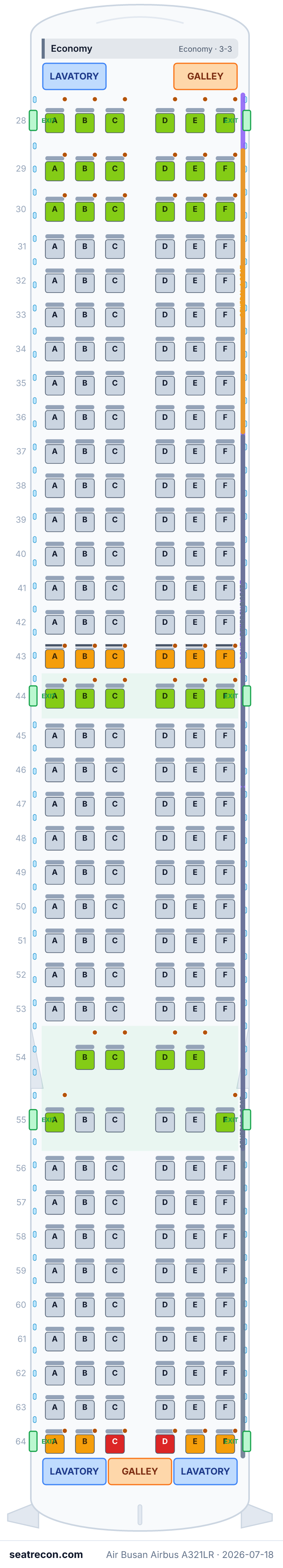 Air Busan Airbus A321LR seat map diagram — Economy (220 seats)
