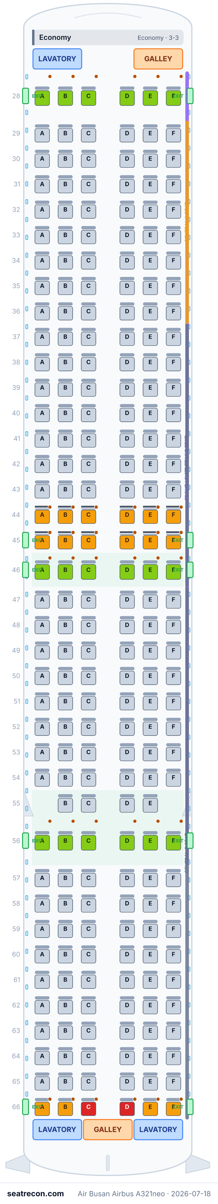 Air Busan Airbus A321neo seat map diagram — Economy (232 seats)