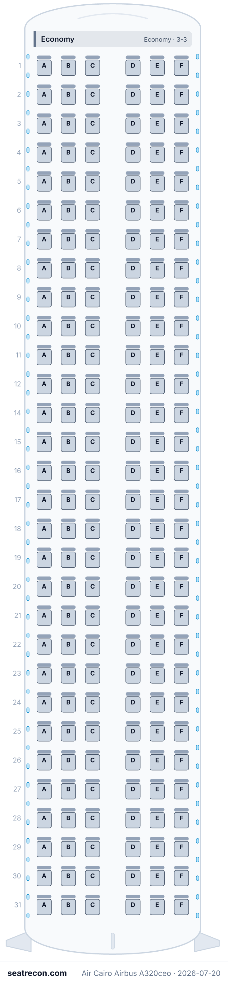 Mapa de asientos del Airbus A320ceo de Air Cairo (180Y)