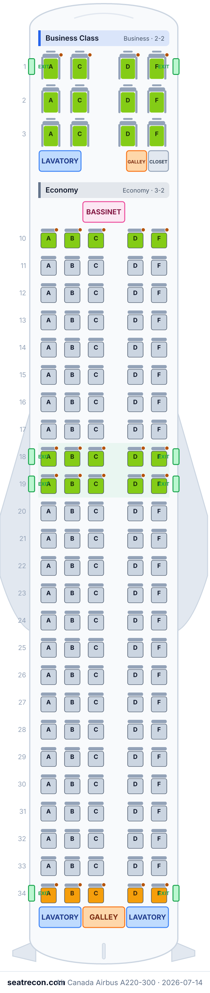 Air Canada Airbus A220-300 seat map diagram — Business Class, Economy (137 seats)
