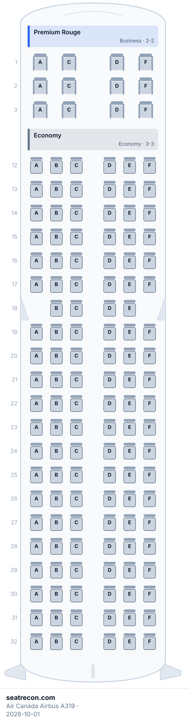 Diagrama del mapa de asientos del Airbus A319 de Air Canada — Premium Rouge, Economy (136 asientos)