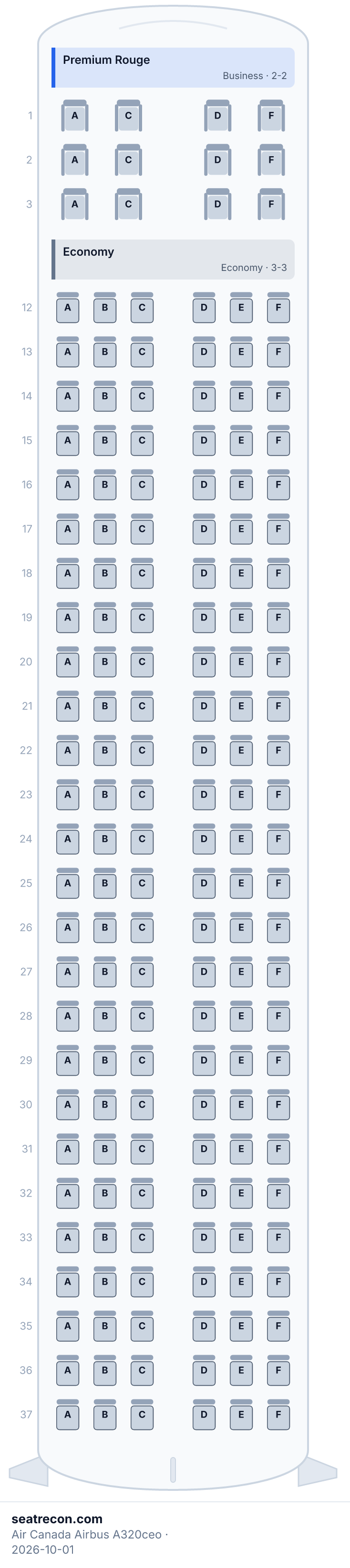 Diagrama del mapa de asientos del Airbus A320ceo de Air Canada — Premium Rouge, Economy (168 asientos)
