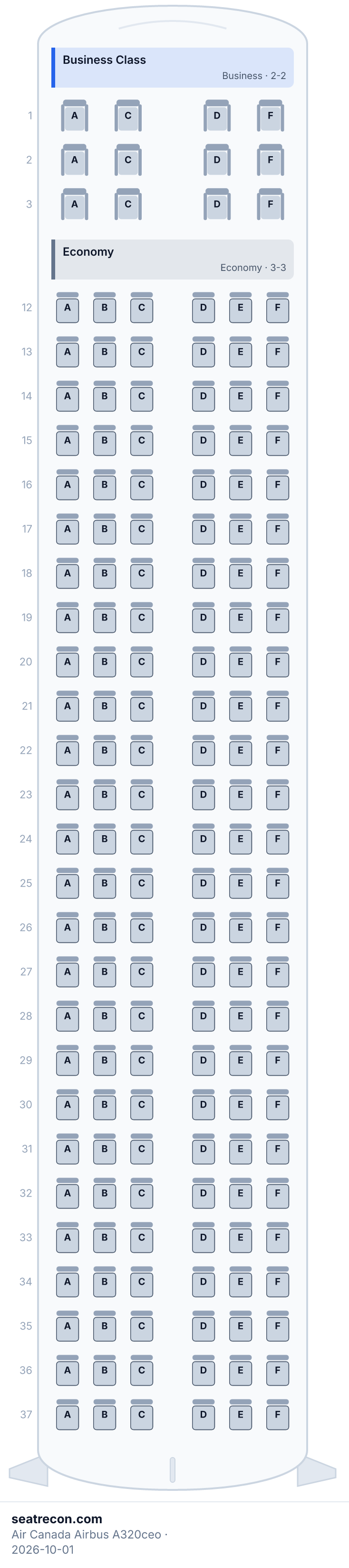 Diagrama del mapa de asientos del Airbus A320ceo de Air Canada — Business Class, Economy (168 asientos)