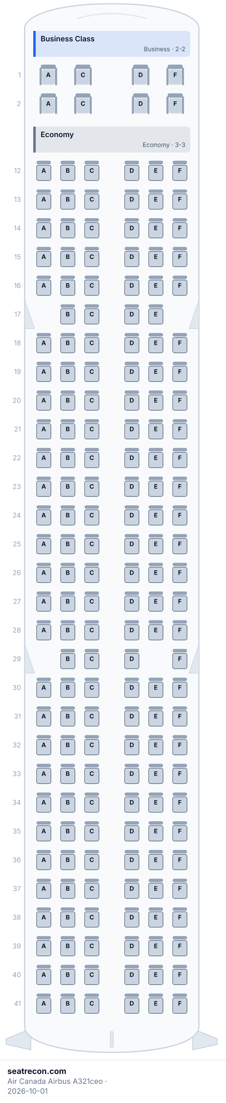 Diagrama del mapa de asientos del Airbus A321ceo de Air Canada — Business Class, Economy (184 asientos)