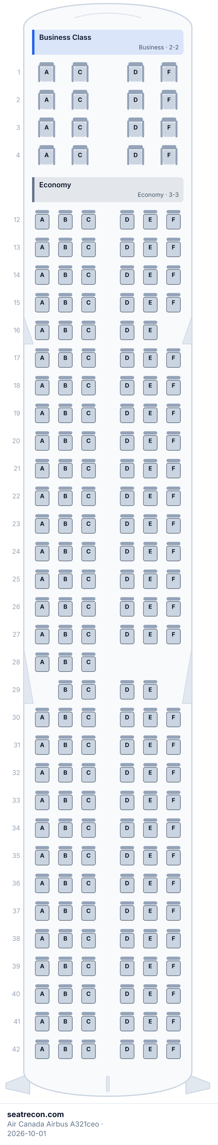 Diagrama del mapa de asientos del Airbus A321ceo de Air Canada — Business Class, Economy (196 asientos)