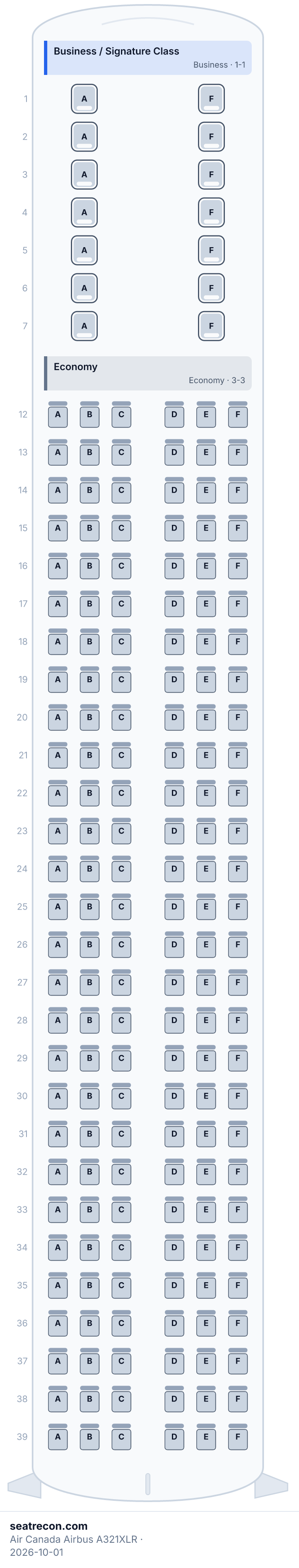 Diagrama del mapa de asientos del Airbus A321XLR de Air Canada — Business / Signature Class, Economy (182 asientos)