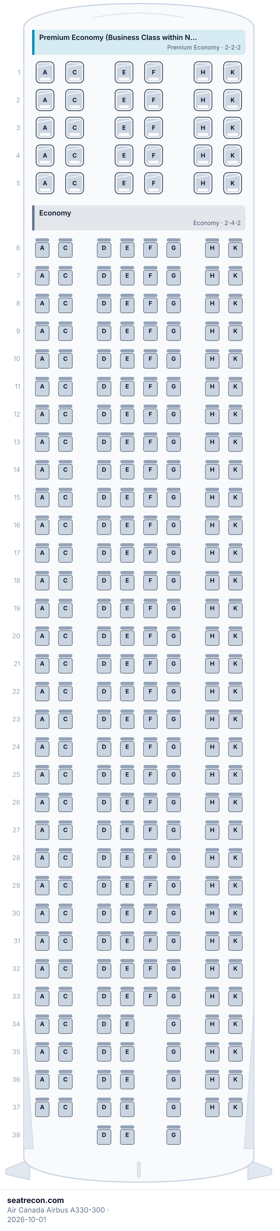 Diagrama del mapa de asientos del Airbus A330-300 de Air Canada — Premium Economy (Business Class within North America), Economy (285 asientos)