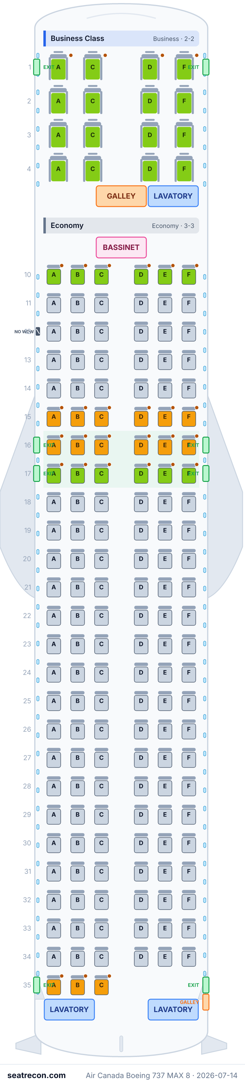 Air Canada Boeing 737 MAX 8 seat map diagram — Business Class, Economy (169 seats)