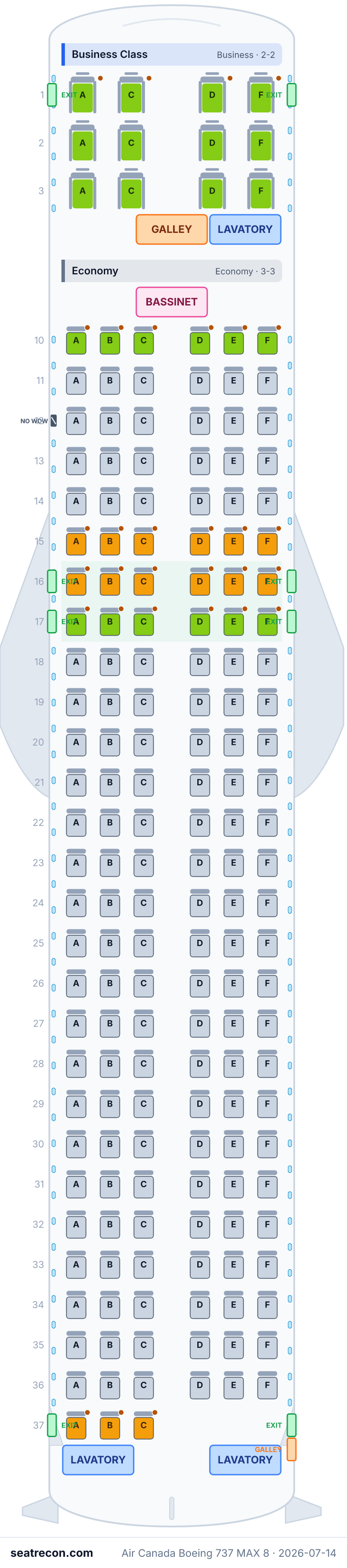 Air Canada Boeing 737 MAX 8 seat map diagram — Business Class, Economy (177 seats)