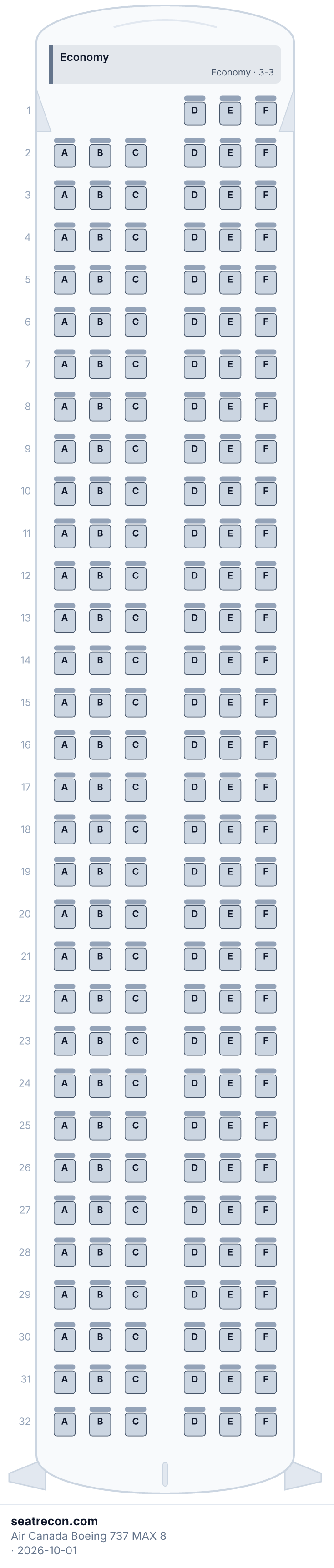 Diagrama del mapa de asientos del Boeing 737 MAX 8 de Air Canada — Economy (189 asientos)