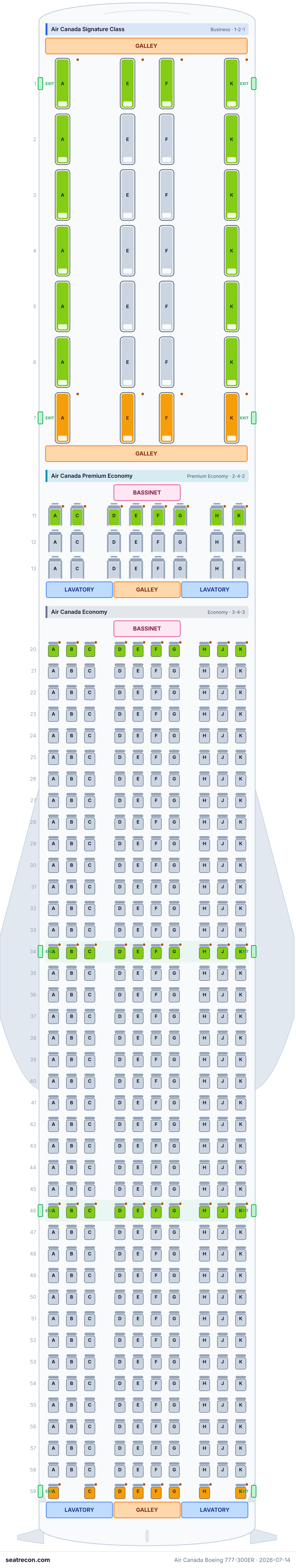 Air Canada Boeing 777-300ER seat map diagram — Air Canada Signature Class, Air Canada Premium Economy, Air Canada Economy (450 seats)