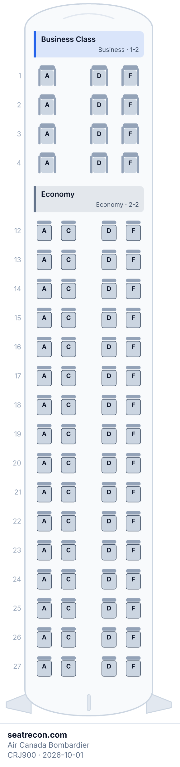 Diagrama del mapa de asientos del Bombardier CRJ900 de Air Canada — Business Class, Economy (76 asientos)