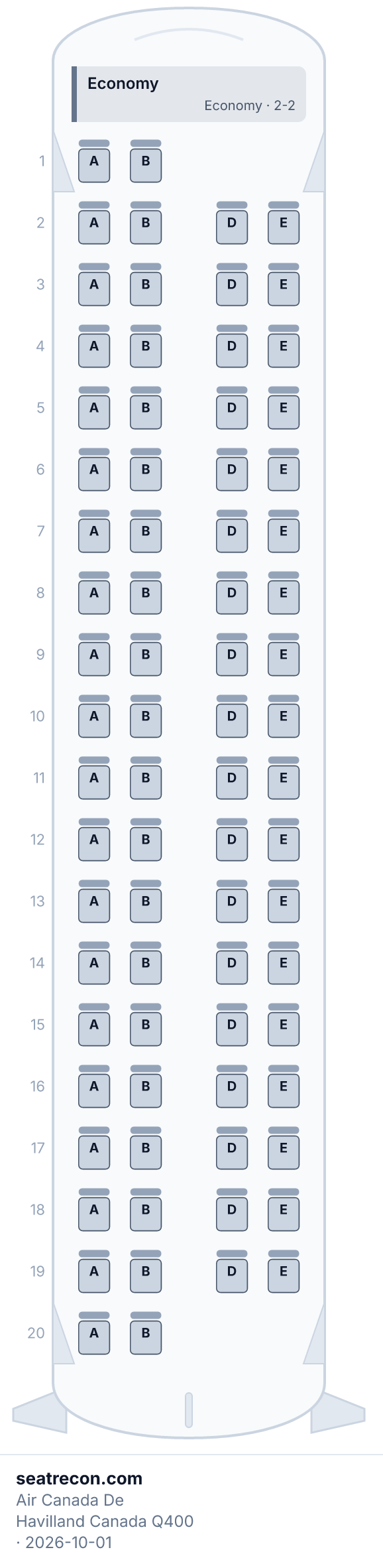 Diagrama del mapa de asientos del De Havilland Canada Q400 de Air Canada — Economy (76 asientos)