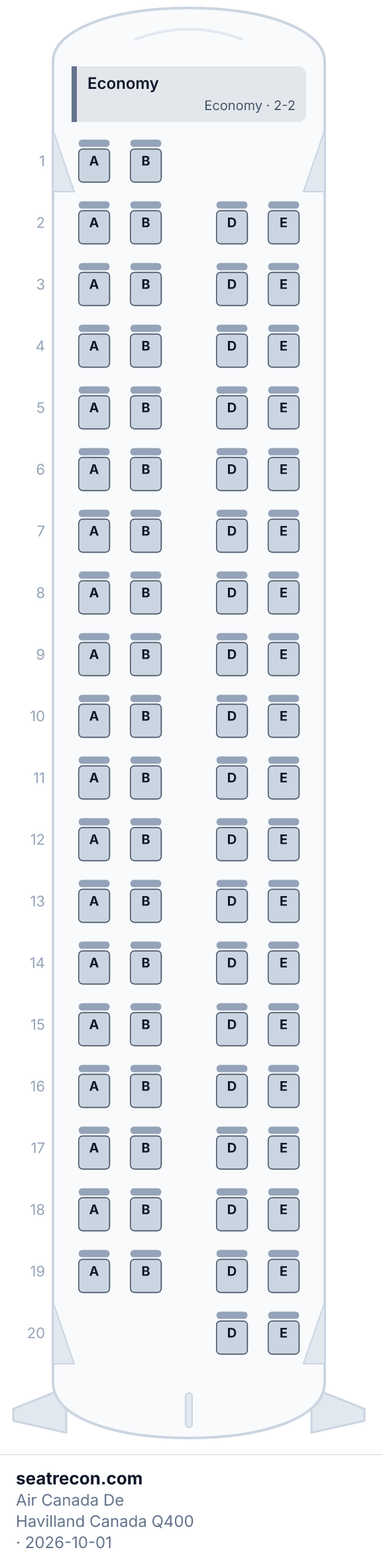 Diagrama del mapa de asientos del De Havilland Canada Q400 de Air Canada — Economy (76 asientos)