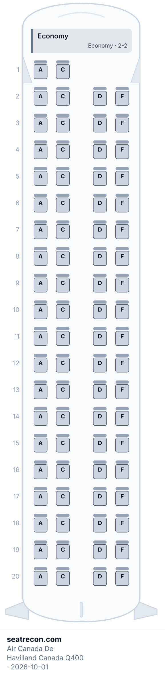 Diagrama del mapa de asientos del De Havilland Canada Q400 de Air Canada — Economy (78 asientos)