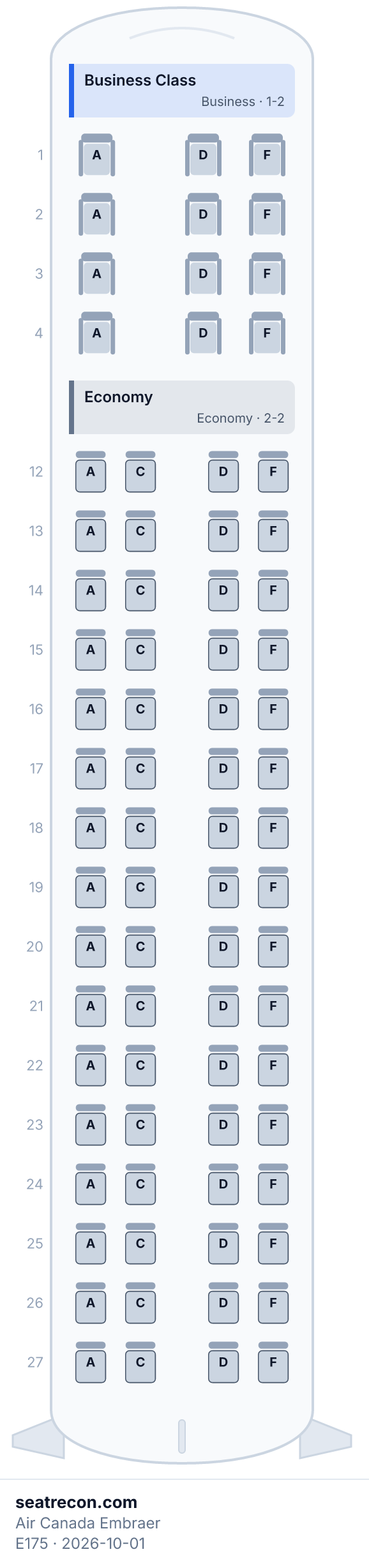 Diagrama del mapa de asientos del Embraer E175 de Air Canada — Business Class, Economy (76 asientos)