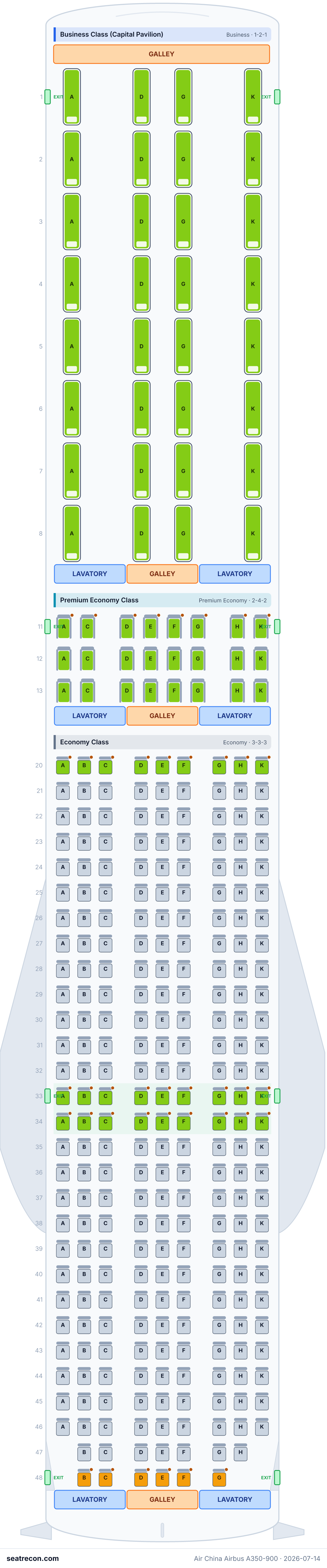 Air China Airbus A350-900 seat map diagram — Business Class (Capital Pavilion), Premium Economy Class, Economy Class (312 seats)