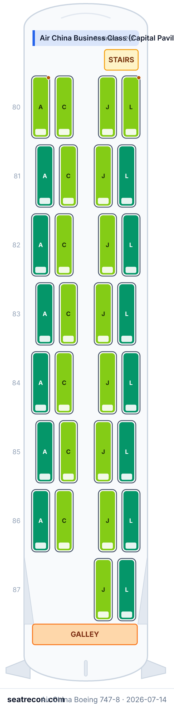 Air China Boeing 747-8 seat map diagram — Air China Business Class (Capital Pavilion), Air China First Class (Forbidden Pavilion), Air China Premium Economy Class, Air China Economy Class (365 seats) — upper deck