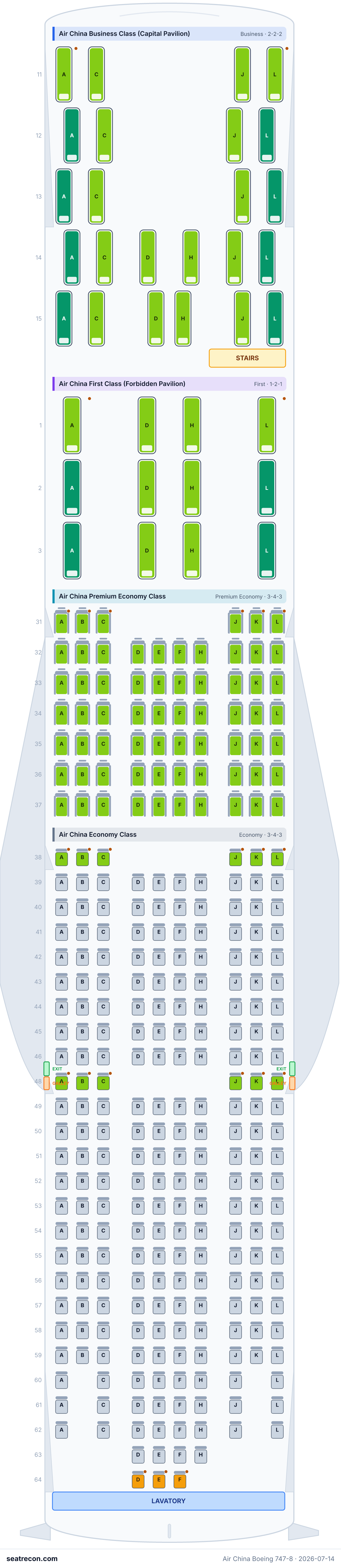 Air China Boeing 747-8 seat map diagram — Air China Business Class (Capital Pavilion), Air China First Class (Forbidden Pavilion), Air China Premium Economy Class, Air China Economy Class (365 seats)