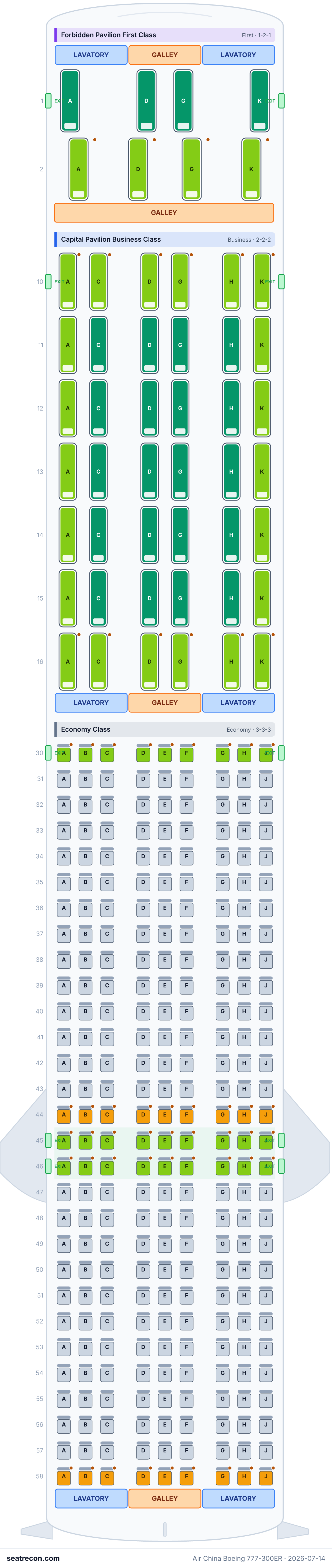 Air China Boeing 777-300ER seat map diagram — Forbidden Pavilion First Class, Capital Pavilion Business Class, Economy Class (311 seats)