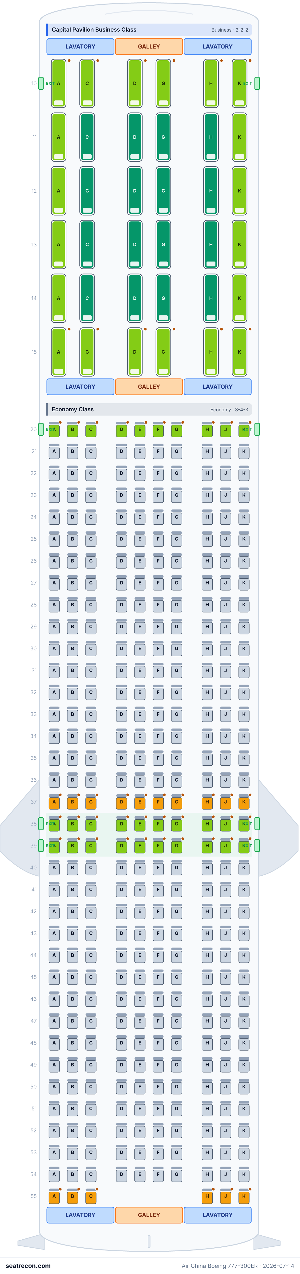 Air China Boeing 777-300ER seat map diagram — Capital Pavilion Business Class, Economy Class (392 seats)